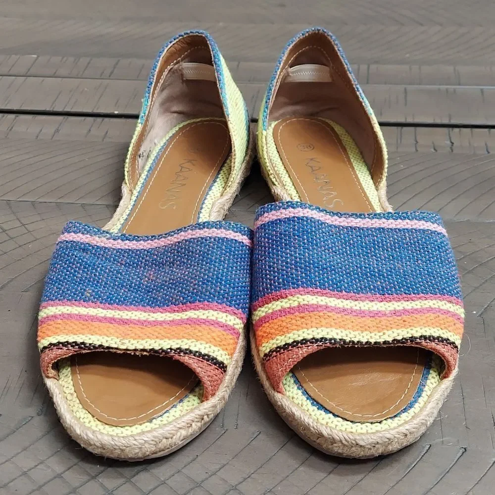 KAANAS Striped Flat Peep-Toe Espadrille Sandals Sz 38